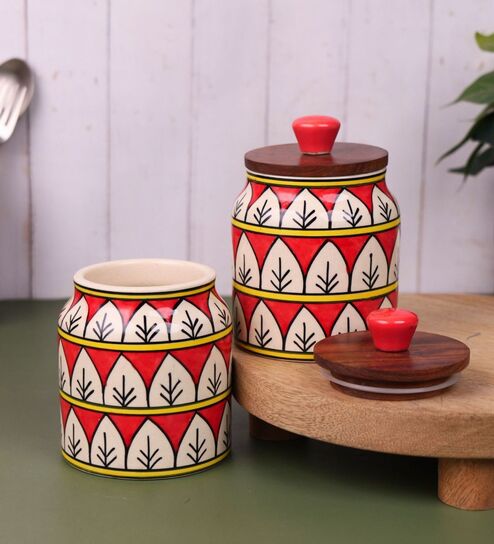 Red White Jodhpuri Hand Painted Ceramic Jar with Wooden Lid Set of 2