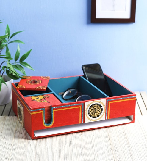 Buy Red Wood Desk Organizer With Six Coasters By Vareesha Online