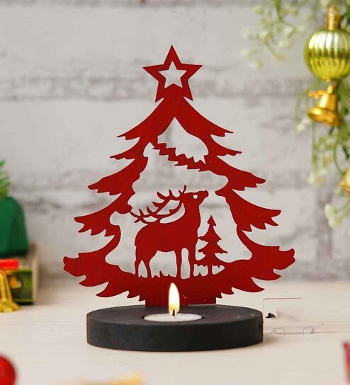 Red Wood Tea Light Candle Holder