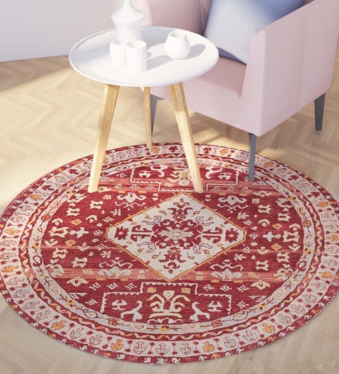 Red Wool Floral Round 6 x 6 Feet Hand Tufted Carpet