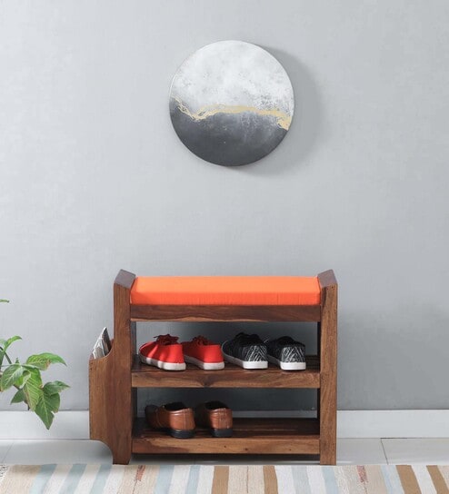 Tobaj Sheesham Wood Shoe Rack With Seating in Scratch Resistant Rustic Teak Finish
