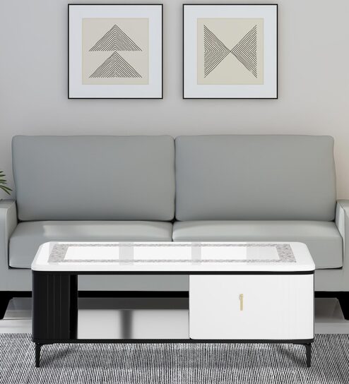 Refined Marble Top Coffee Table in White Colour With Drawer