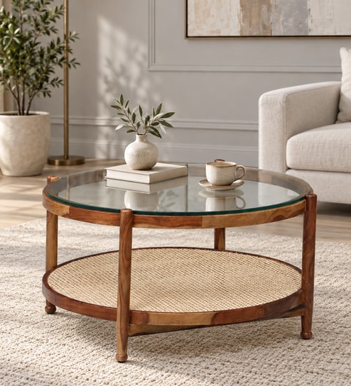 Reinbek Sheesham Wood Coffee Table In Provincial Teak Finish With Glass Top