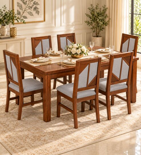 Rekha 6 Seater Dining Set In Provincial Teak Finish With Grey Colour Chair