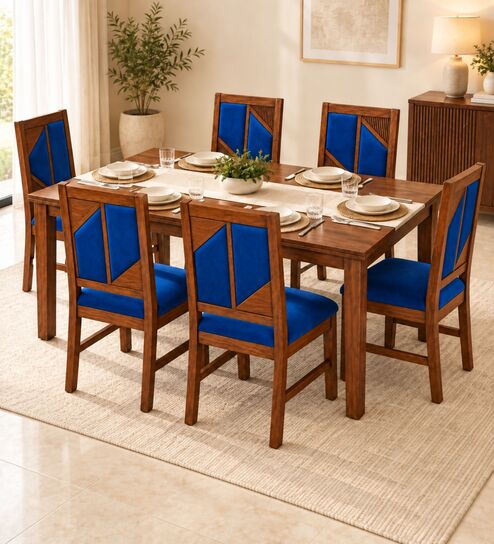 Rekha 6 Seater Dining Set In Provincial Teak Finish With Navy Blue Colour Chair
