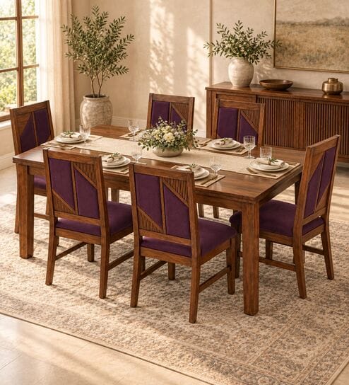 Rekha 6 Seater Dining Set In Provincial Teak Finish With Plum Colour Chair