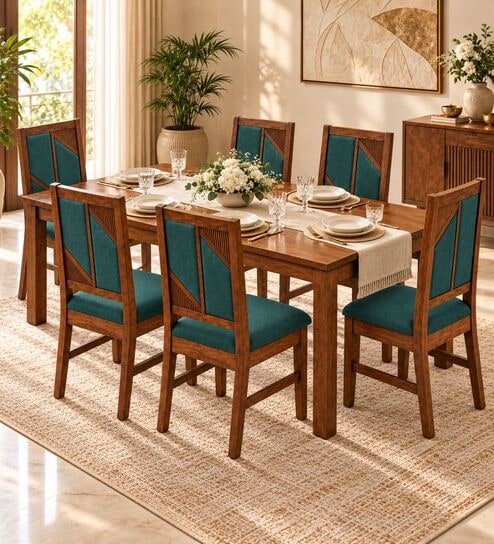 Rekha 6 Seater Dining Set In Provincial Teak Finish With Teal Green Colour Chair