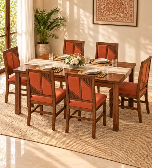Rekha 6 Seater Dining Set In Provincial Teak Finish With Terracotta Orange Colour Chair