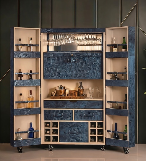 Relic Leather Bar Cabinet In Blue Colour