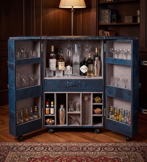 Relic Leather Bar Cabinet In Blue Finish