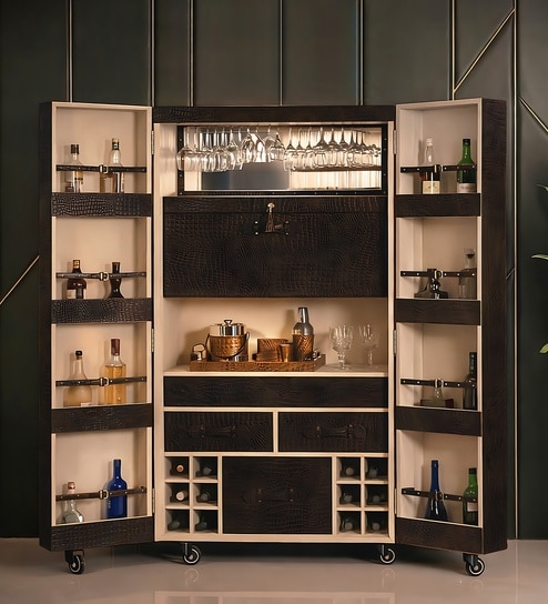 Relic Leather Bar Cabinet In Brown Finish