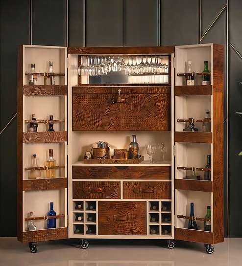 Relic Leather Bar Cabinet In Tan Colour