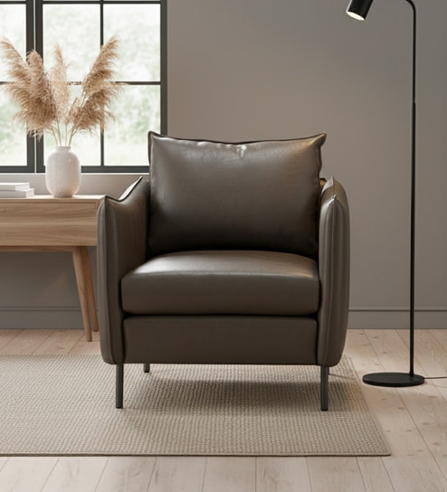 Renaissance Revival Faux Leather Lounge Chair In Grey Colour