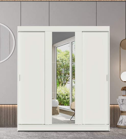 Reno 3 Door Sliding Wardrobe In White Colour With Mirror & Drawer