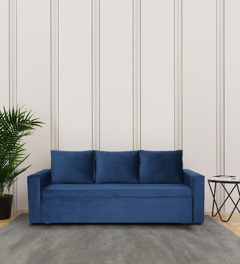 Reno Velvet Pull-Out Sofa Cum Bed in Royal Blue Colour with Storage