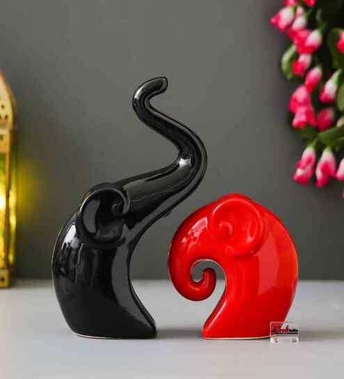 Resin Decorative Cute Couple Elephant Showpieces Animal Figurines(Set of 2, Black Red)| Elephant Statues Home Decor Items for Living Room Bedroom Hall Office| Home Decor Gifts for Birthday