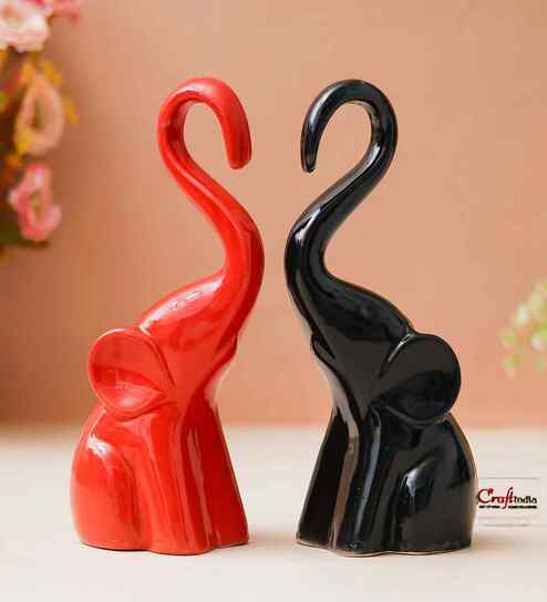 Resin Decorative Cute Couple Elephant Statues Animal Figurines(Set of 2, Black Red)| Elephant Showpieces Home Decor Items for Living Room Bedroom Hall Office| Home Decor Gifts for Birthday