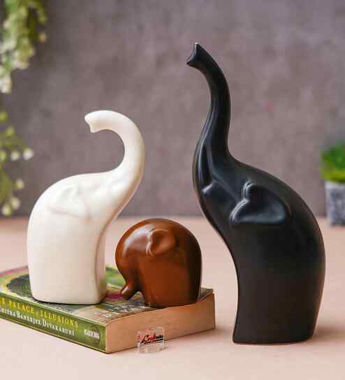 Resin Decorative Cute Elephant Showpieces Animal Figurines(Set of 3, Black White Brown) Elephant Statues Home Decor Items for Living Room Bedroom Hall Office| Home Decor Gifts for Birthday