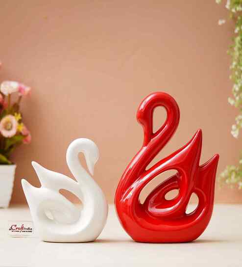 Resin Loving Couple Swan Showpieces Decorative Bird Figurines Statues(Set of 2 Red White)Home Decoration Items for Living Room Bedroom Hall Office|Home Decor Gifts for Birthday Anniversary