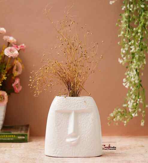 Resin Smile Face Shape Decorative Flower Vase Pot Artificial Flowers Plant (White)Home Decoration Items for Living Room Bedroom Hall Office Table| Home Decor Gifts for Birthday
