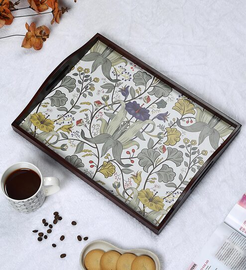 Retro Hibiscus Brown Teak Wood & MDF Serving Tray Reinvention factory