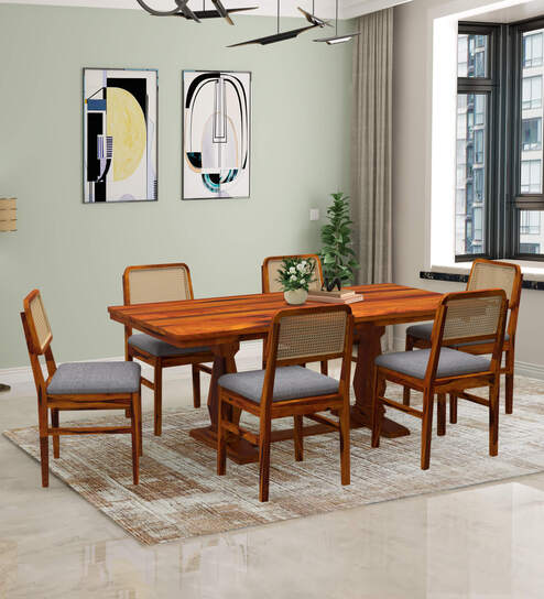 Retro Solid Wood 6 Seater Dining Set In Honey Finish