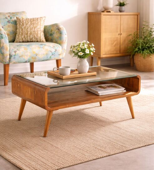 Retro Teak Wood Coffee Table In Natural Finish With Glass Top