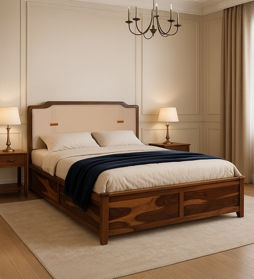 Reuford Solid Sheesham Wood Bed With Hydraulic Storag
