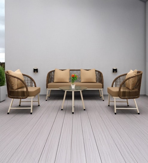 Reva Wicker 2+1 Seater Sofa with Table In Beige Colour