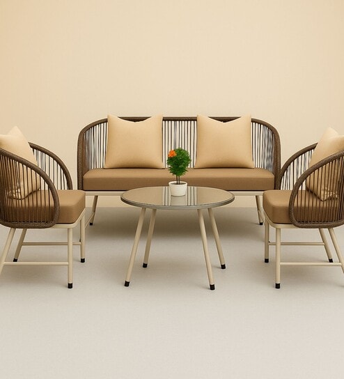 Reva Wicker 2+1 Seater Sofa with Table In Beige Colour