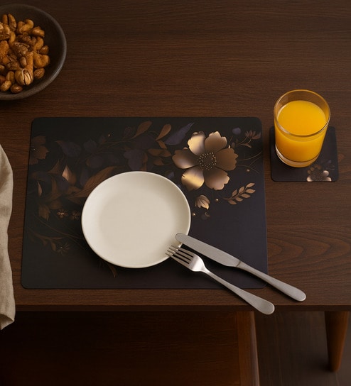Reversible PVC Placemats & Coasters Set of 6 - Black, 30x45 cm