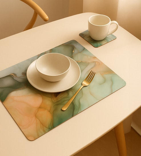 Reversible PVC Placemats & Coasters Set of 6 - Olive and Blue, 30x45 cm