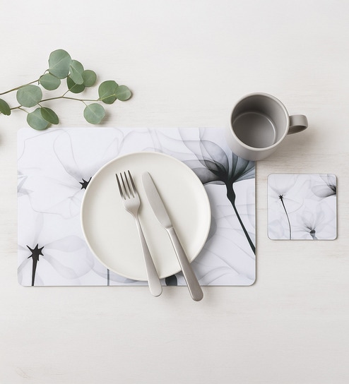 Reversible PVC Placemats & Coasters Set of 6 - White and Grey, 30x45 cm