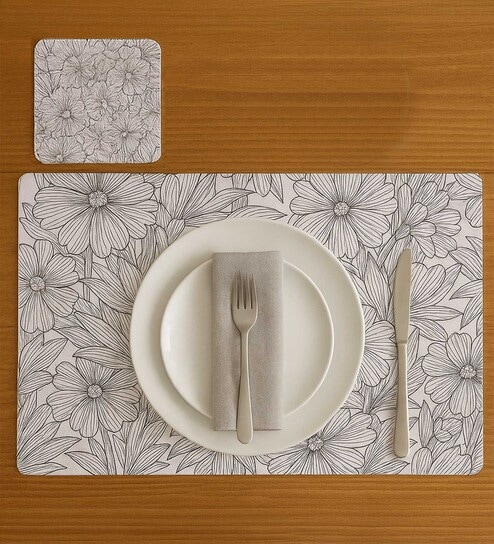 Reversible PVC Placemats & Coasters Set of 6 - White and Grey, 30x45 cm