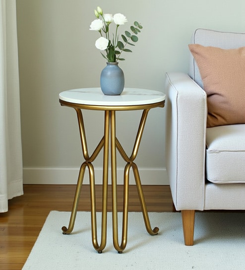 Reyni White Porcelain Top End Table With Gold Finish