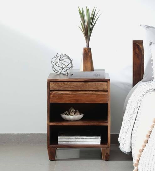Rezzan Sheesham Wood Bedside Table In Scratch Resistant Rustic Teak Finish With Drawer