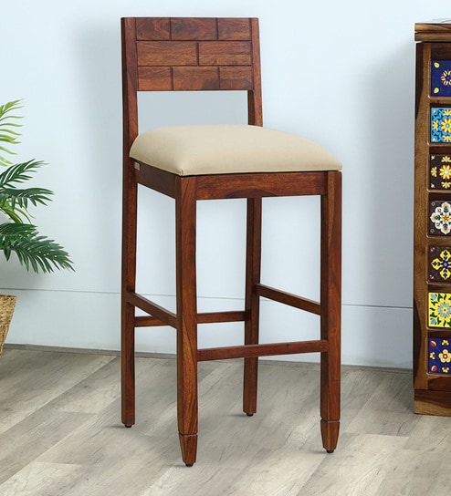 Rezzan Sheesham Wood Full Back Bar Stool in Scratch Resistant Honey Oak Finish