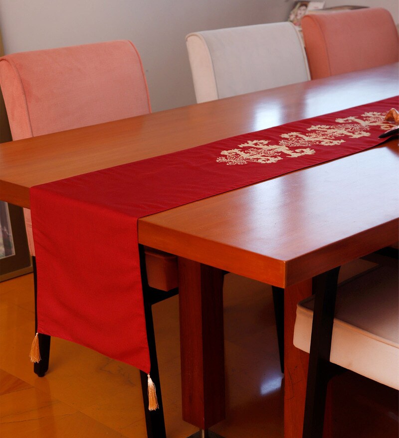 Buy Red 100 Polyester Ethnic motif 84x12 Inches Table Runner by Zeba