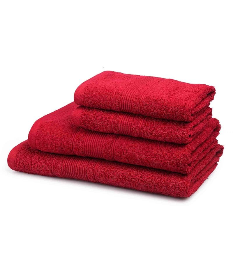 Buy Red Solid 500 GSM Cotton 4 Pieces Towel Set by Hosta Homes Online