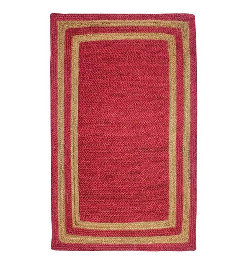 Buy Red and Beige Jute Striped 3 x 5 Feet Hand Woven Carpet by MRIC