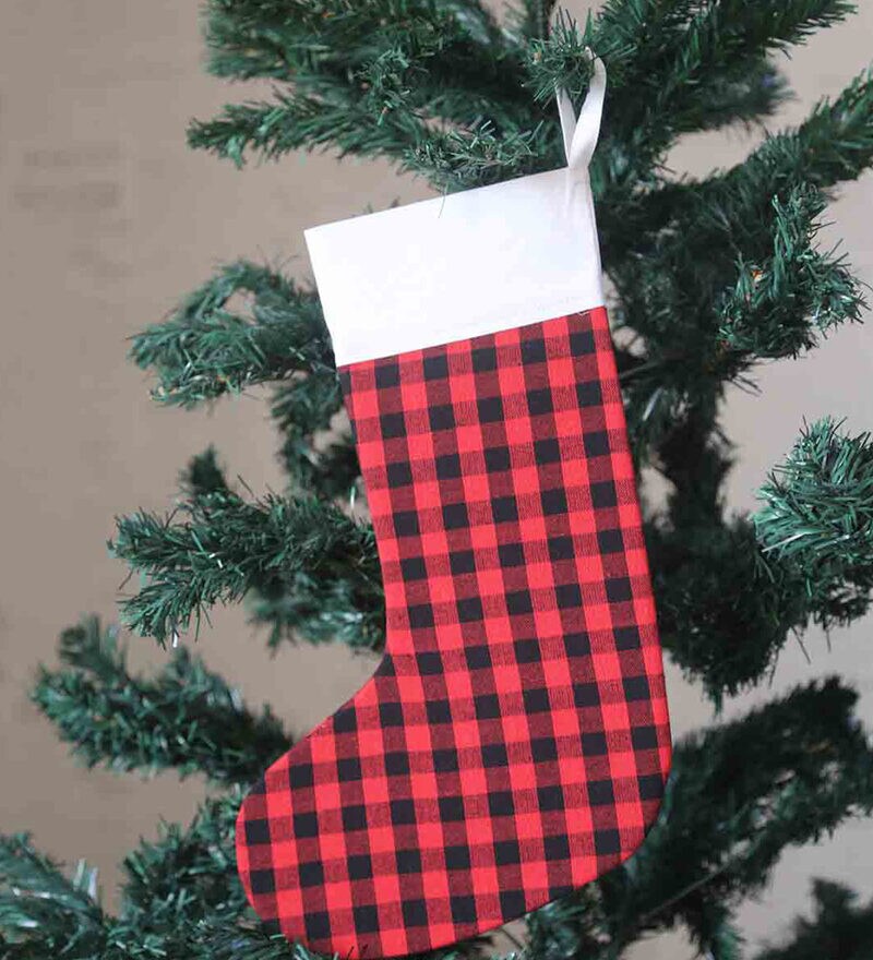 Buy Red and Black Cotton 1 Pc Checkered Christmas Stocking By My Gift