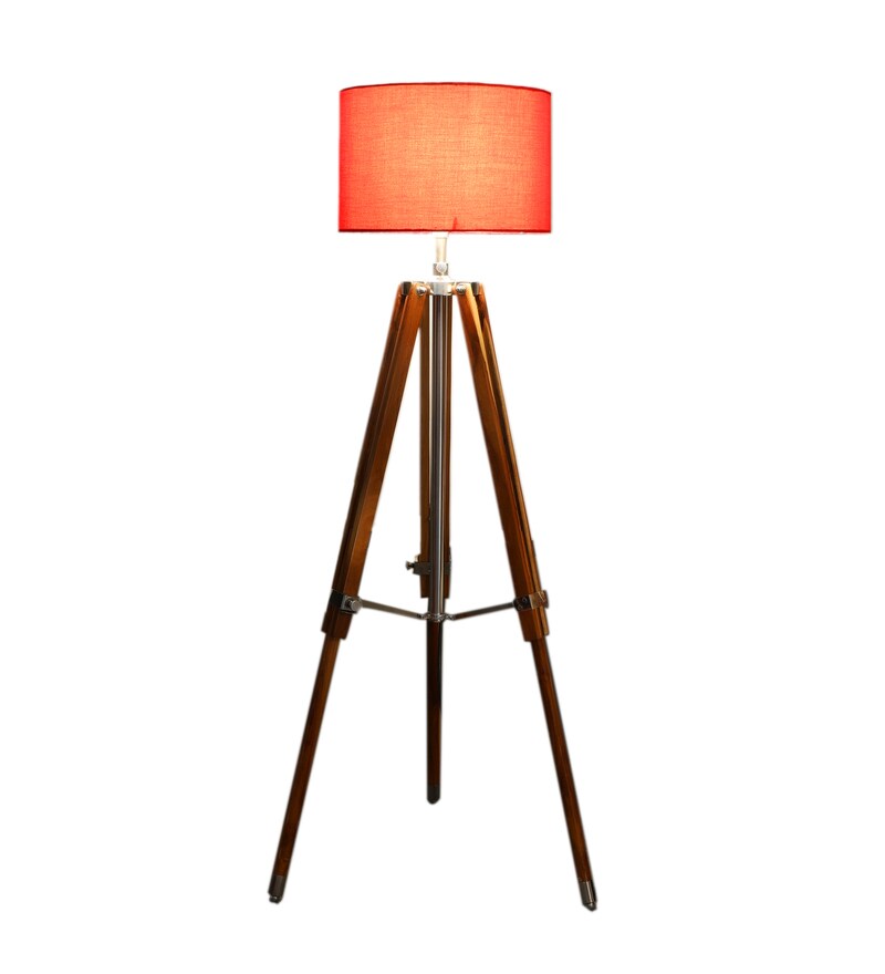 Buy Red Cotton Shade Tripod Floor Lamp With Teak Base By Pristine Interiors Online Tripod
