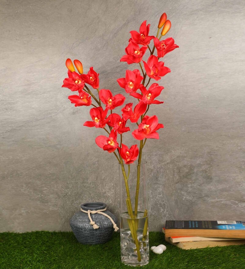 Buy Red Fabric Orchid Artificial Flower, Pack of 2 by Pollination
