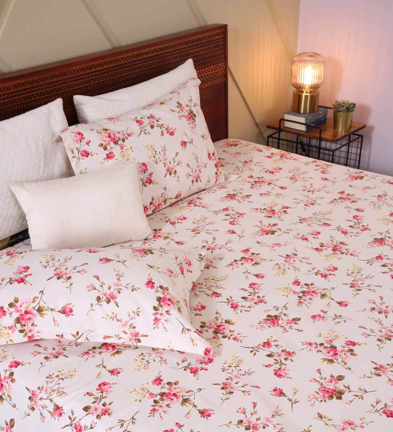 Buy Red Floral 120 TC Cotton Double Bedsheet 2 Pillow cover Mystic Collection by Raymond Home