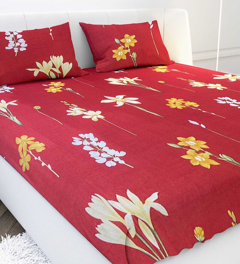 Buy Red Floral 210 Tc1 Double Queen Size Bedsheet With 2 Pillow Covers The Edit Collection By