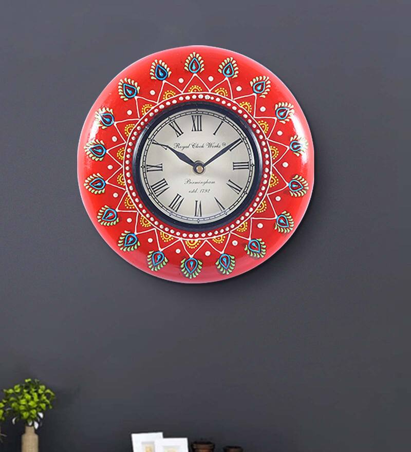 Buy Red MDF+HANDPAINTED Wall Clock by Aapno Rajasthan Online