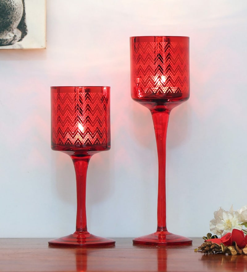 Red Glass Pillar Candle Holders / Red Mercury Glass Pillar Holders