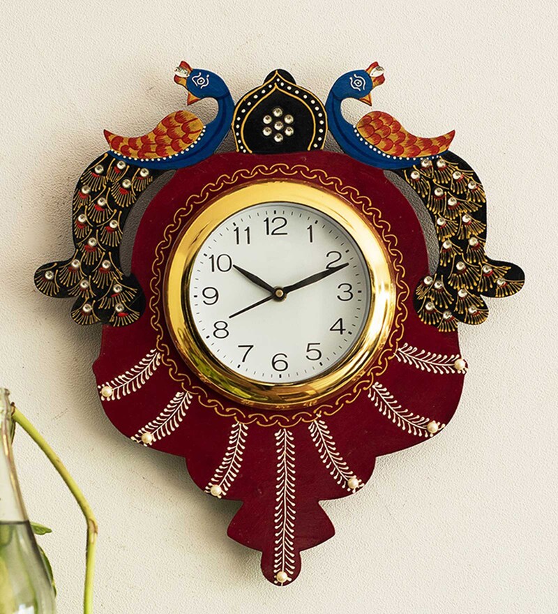 Buy Red Paper Mache Analog Wall Clock by Ecraftindia Online