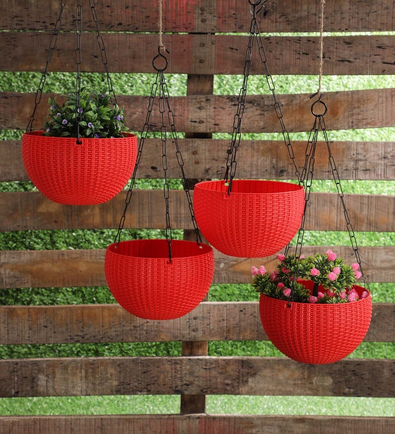 Buy Red Plastic Garden Essential Hanging Planter with Elegant Wicker