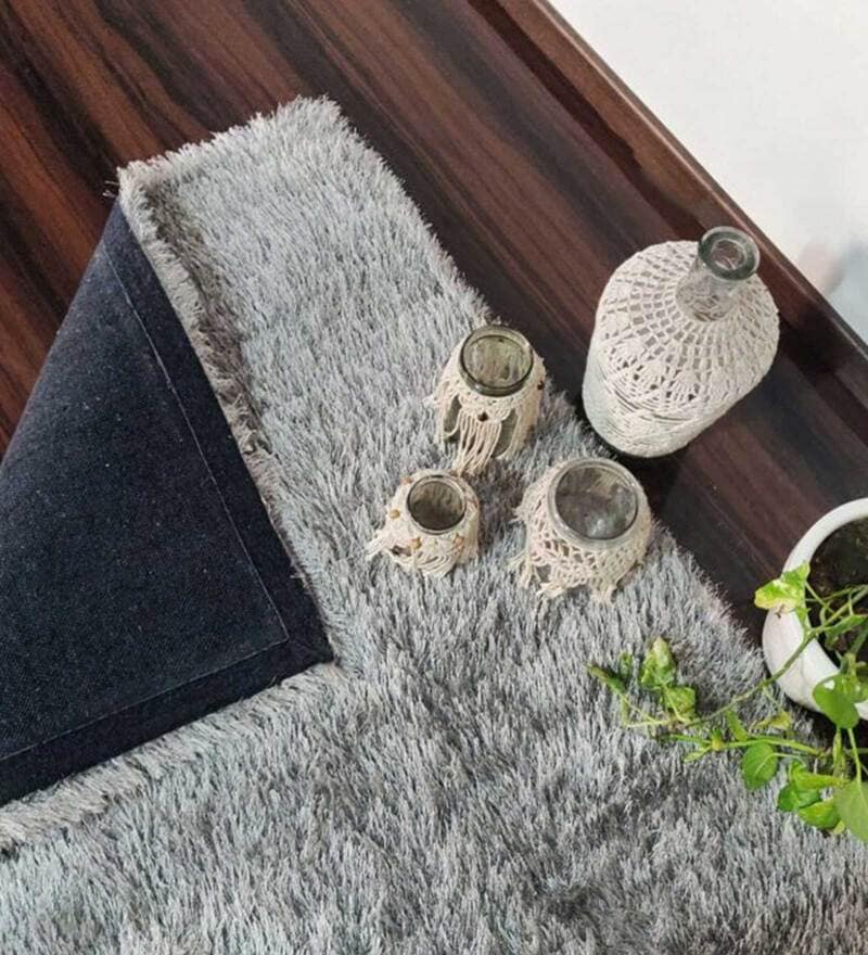 Buy Silver Shaggy Polyester 3 ft x 5 ft Shaggy Carpet by Loomkart